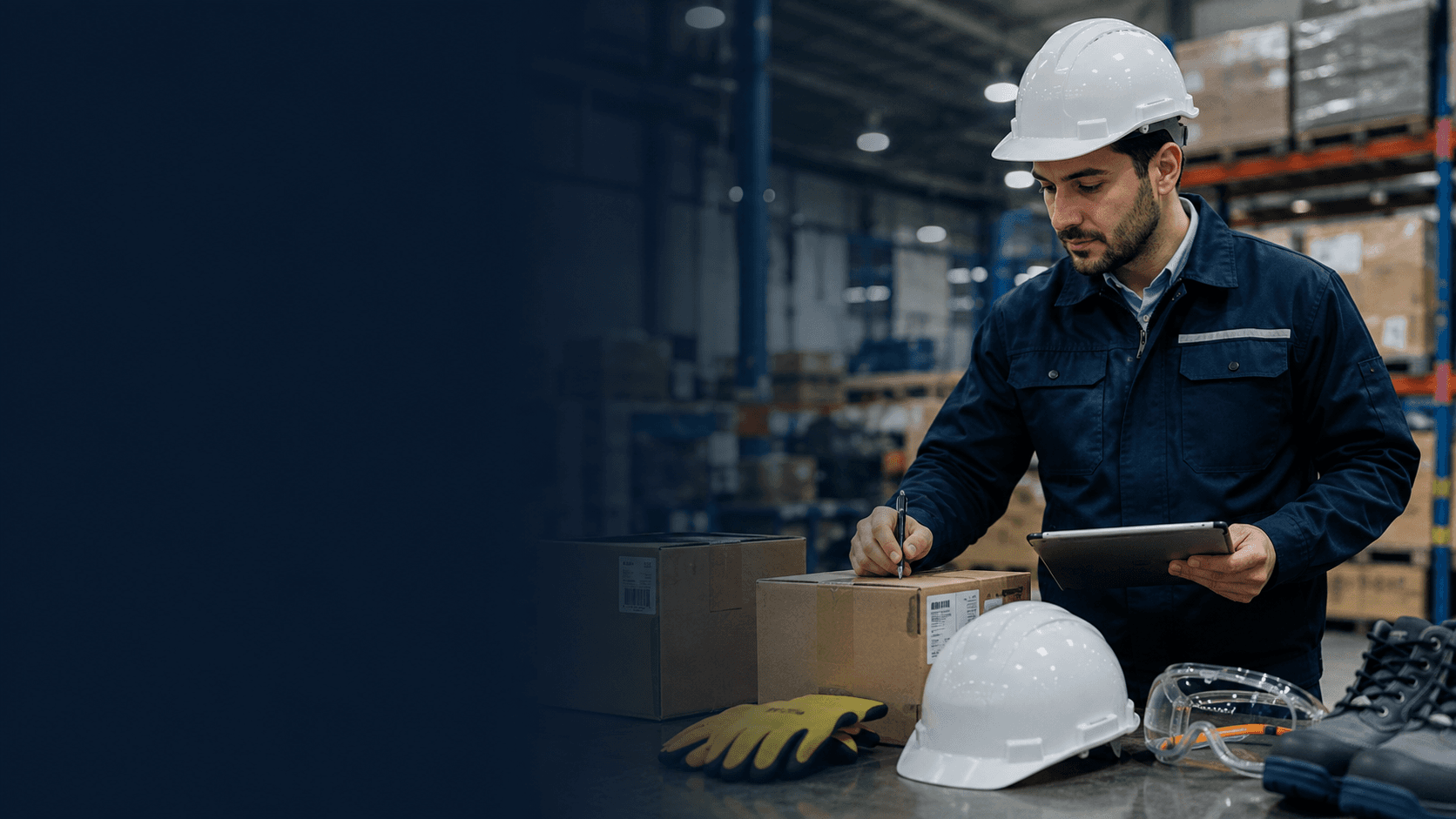 PPE quality-control inspection in an industrial warehouse