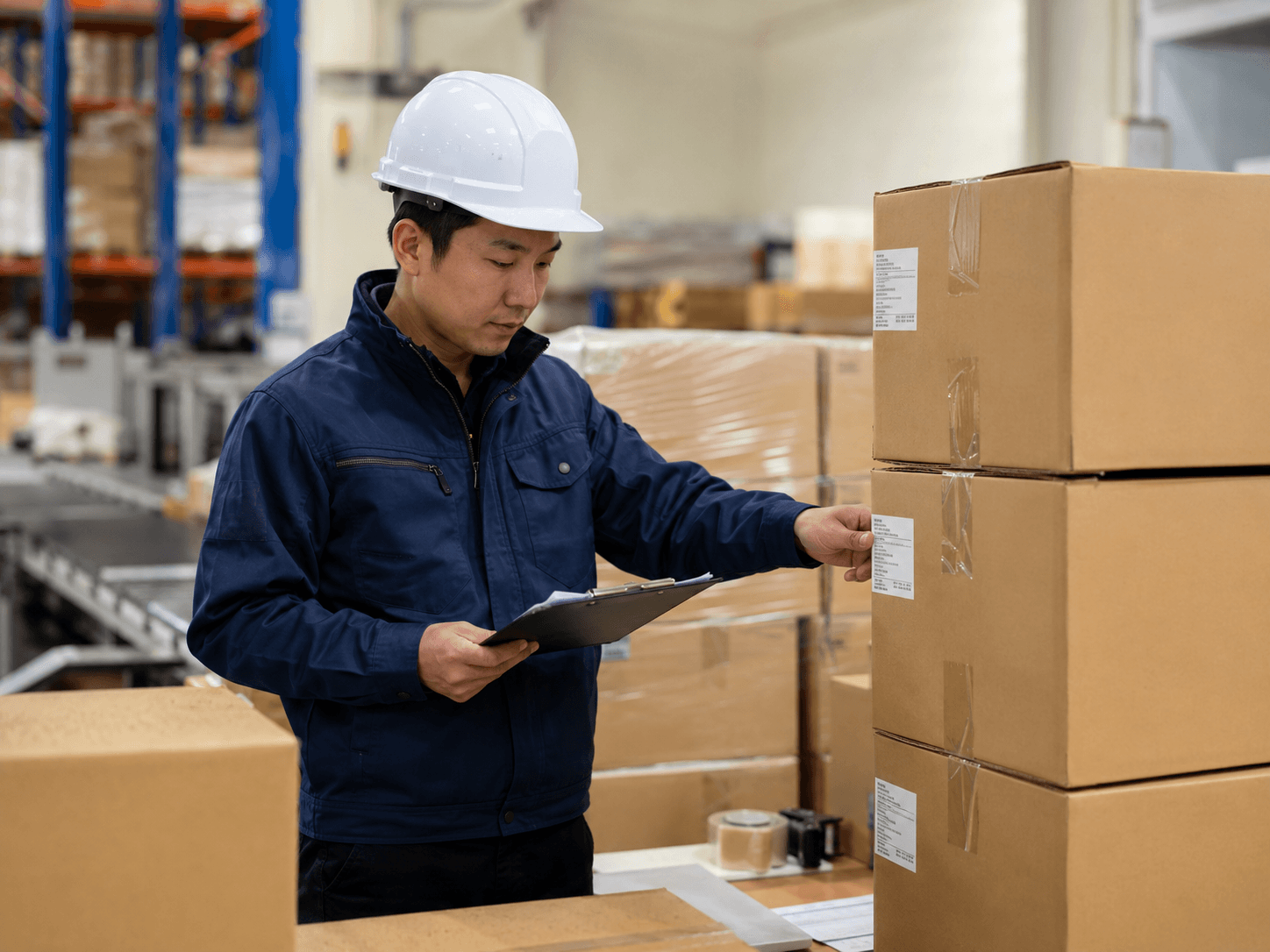 Worker in a white safety helmet checking carton labels and inspection records in a representative production environment