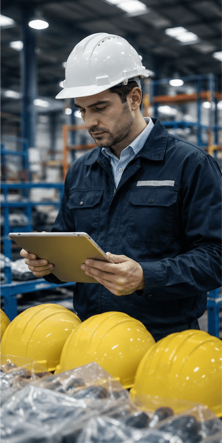 Partner production quality-control review with PPE and a tablet