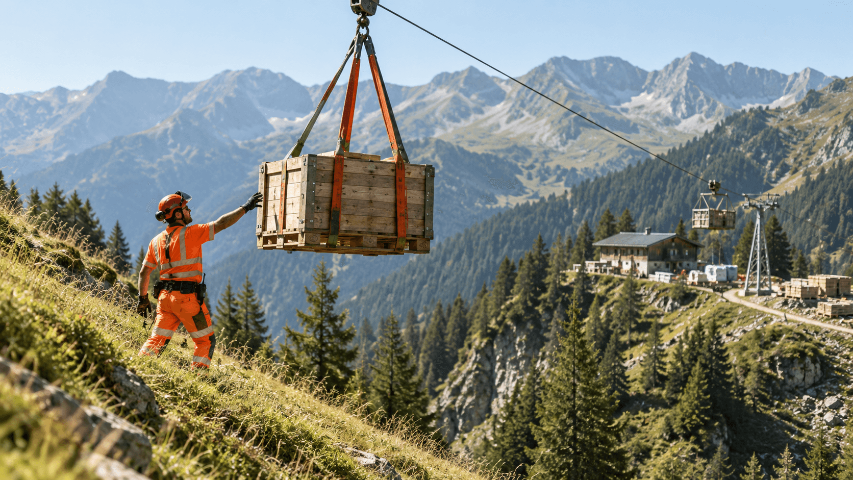 Worker guiding suspended cargo during material transport at a remote mountain site.