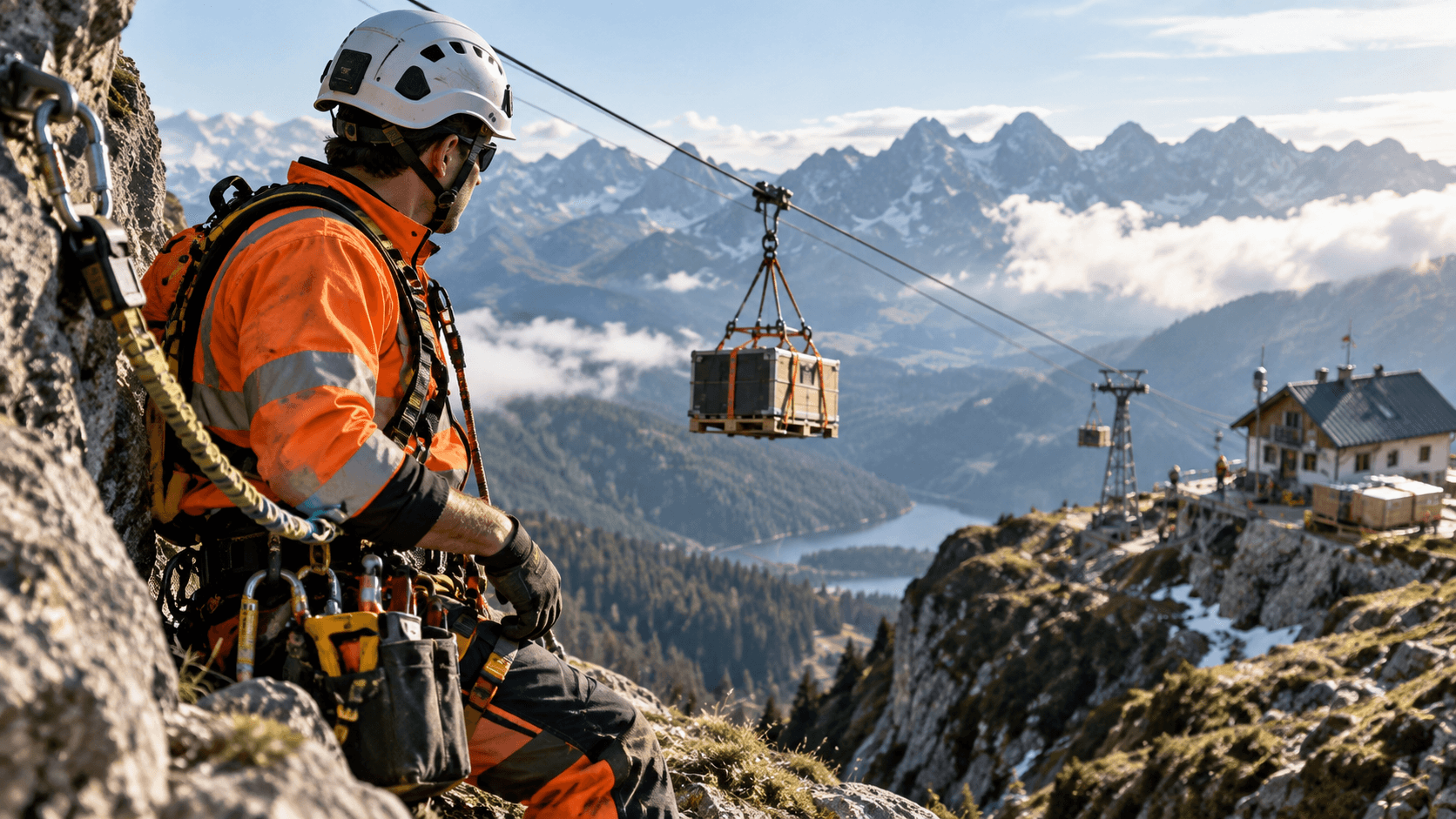 Fall-protection worker at a remote mountain logistics site with suspended cargo transport in the background.