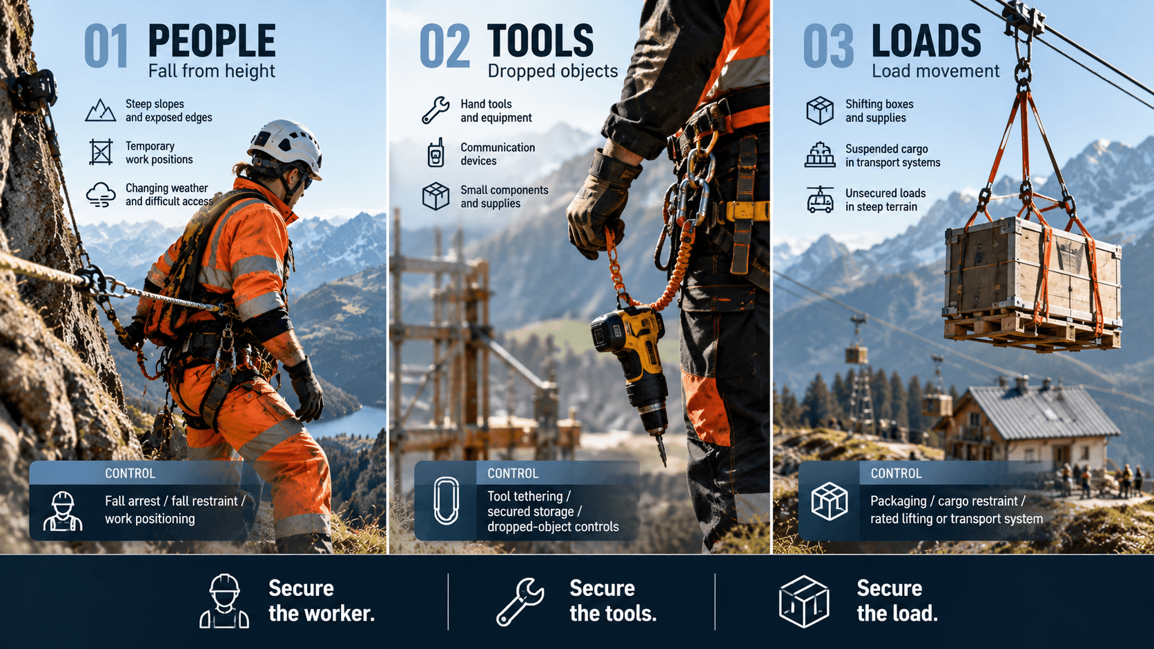 Mountain worksite comparison showing separate fall protection for workers, dropped-object control for tools and cargo restraint for transported loads.