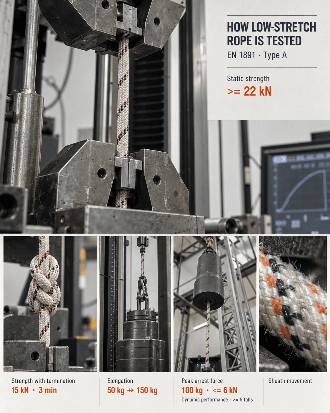 Laboratory testing of a low-stretch safety rope including static strength, termination strength, elongation, dynamic performance and sheath movement.