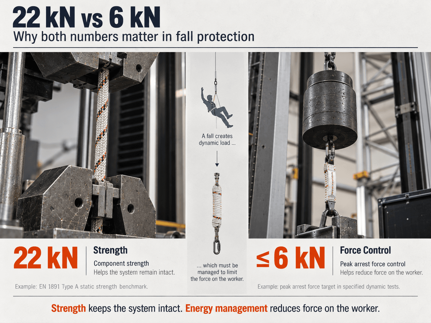 Comparison between 22 kN component strength and 6 kN peak arrest force control in fall protection.