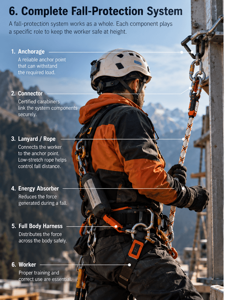 Complete fall-protection system showing anchorage, connector, rope or lanyard, energy absorber, full-body harness and worker.