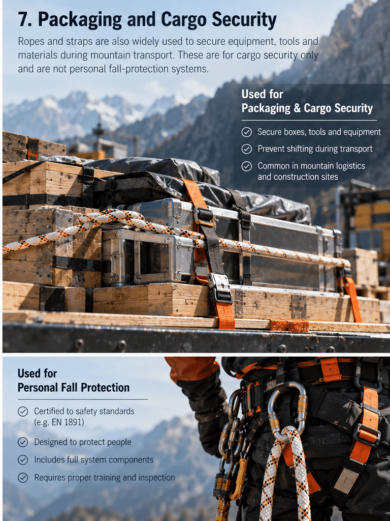Cargo secured with transport restraints at a mountain logistics site, shown separately from personal fall-protection equipment.