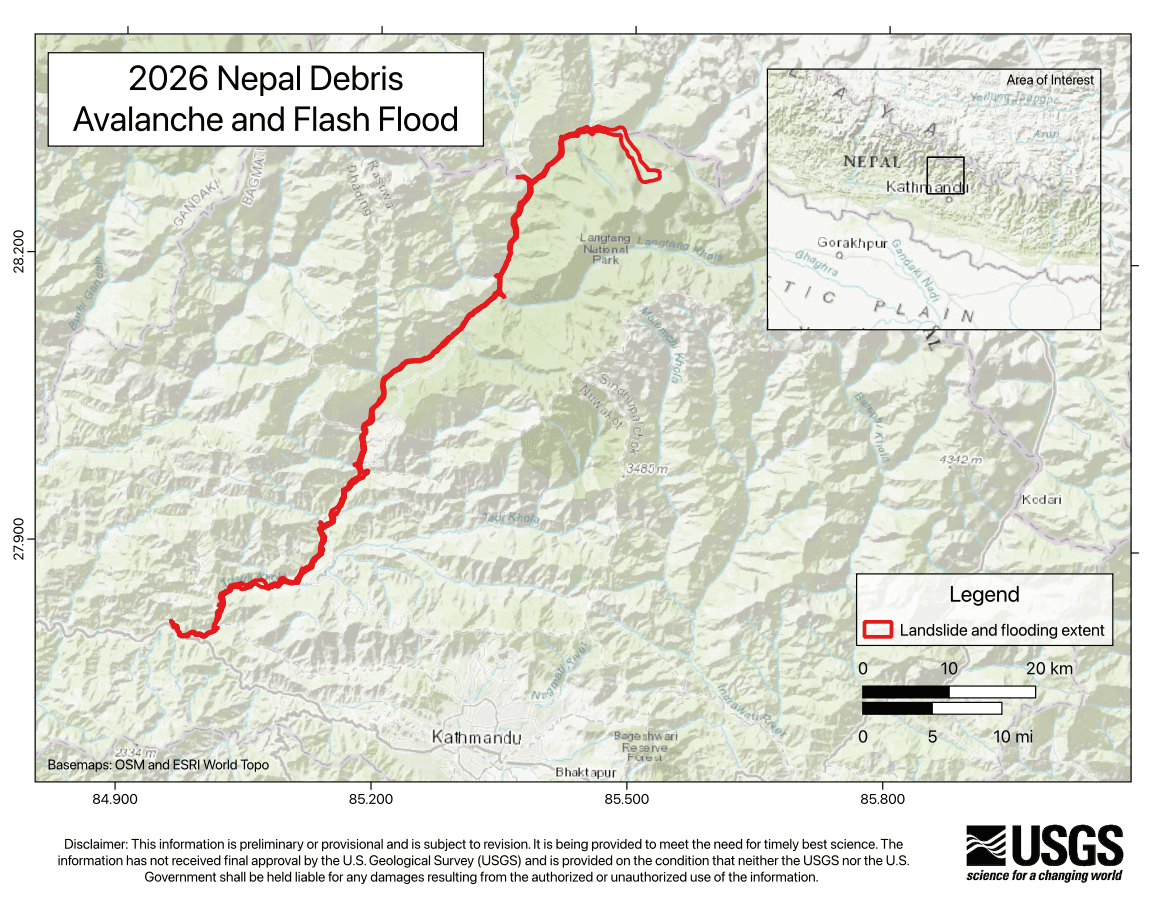 USGS map showing the 2026 Nepal debris avalanche and downstream flash flood extent
