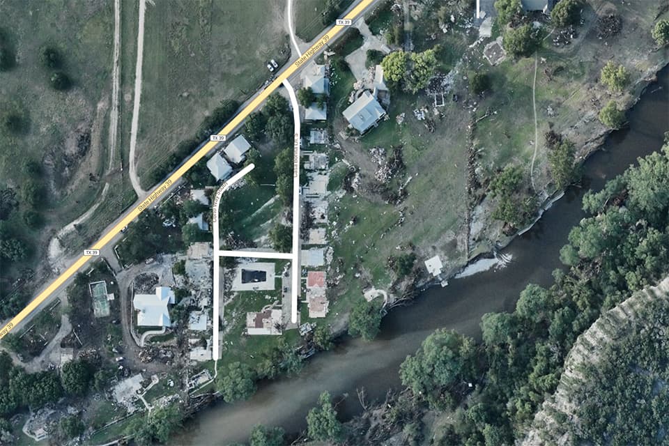 NOAA aerial assessment image of Guadalupe River flood damage in Kerr County, Texas