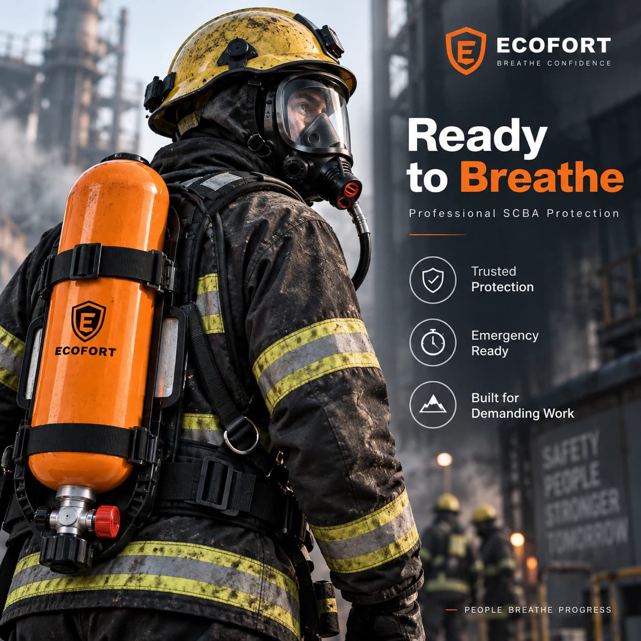AX2100 SCBA shown ready for use in an industrial setting