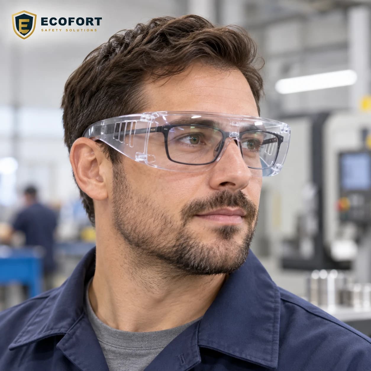 EYP101 Over-the-Glasses (OTG) Safety Glasses shown worn in an industrial setting
