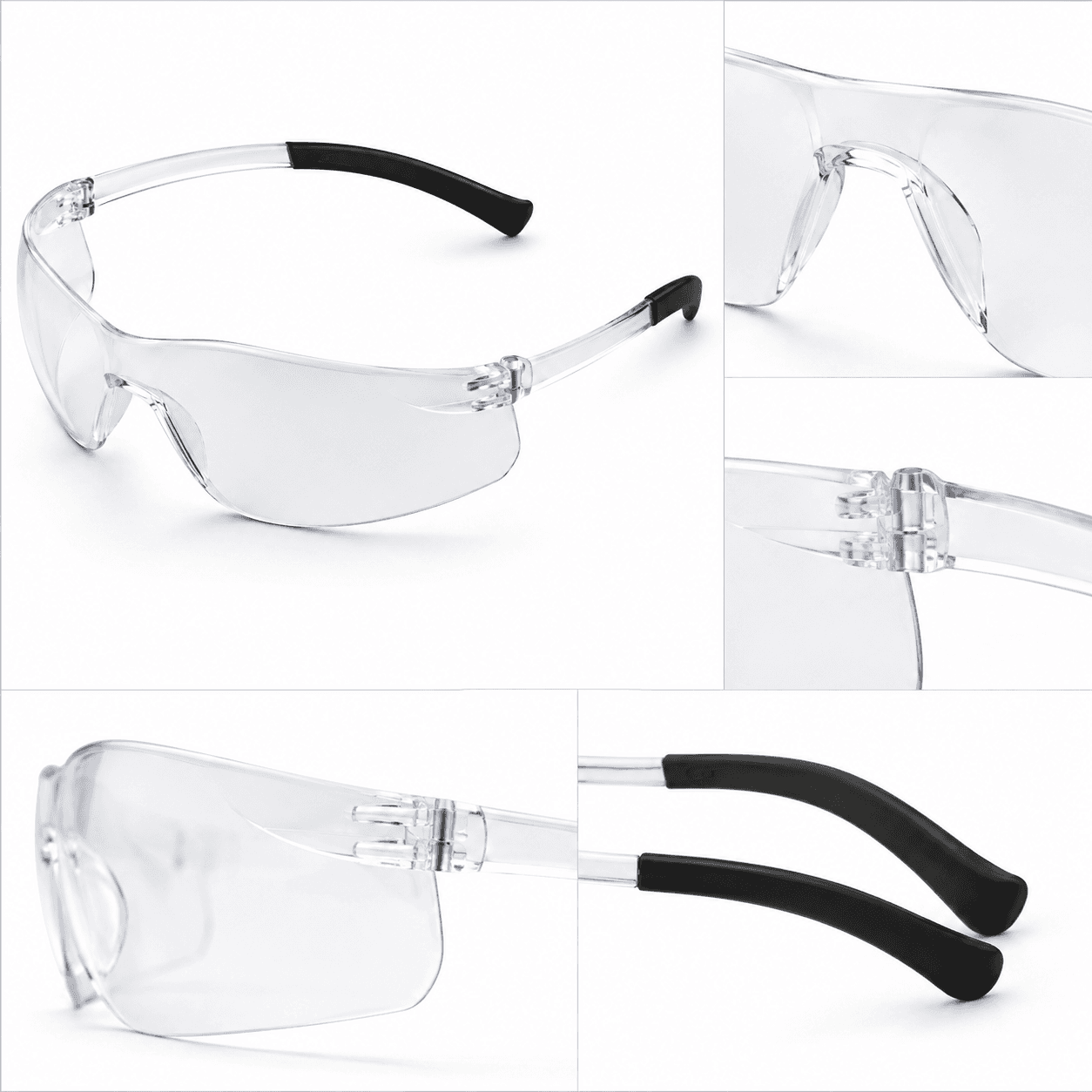 EYP108 safety glasses lens nose bridge hinge and temple detail views
