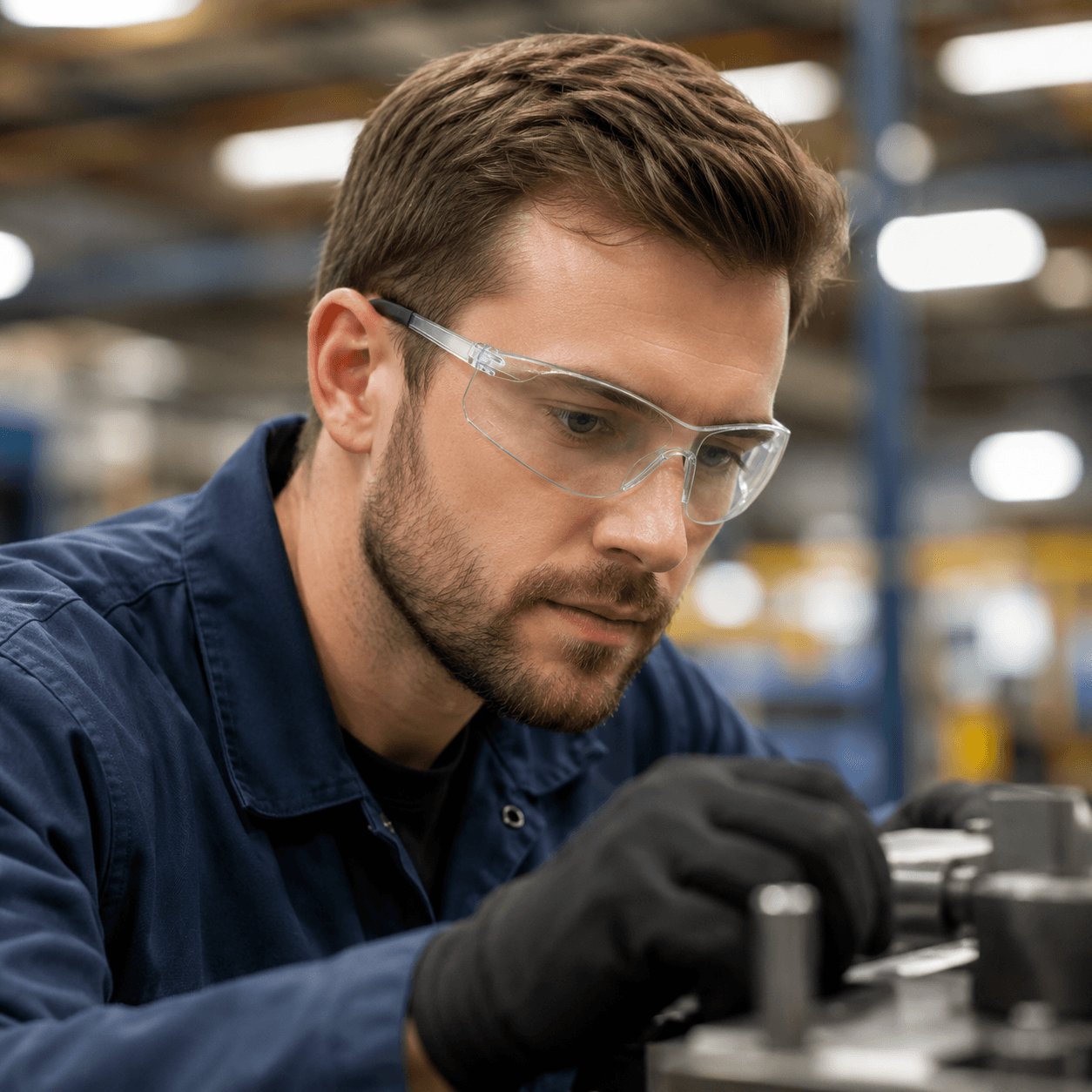 Worker wearing EYP108 style wraparound safety glasses in an industrial workplace