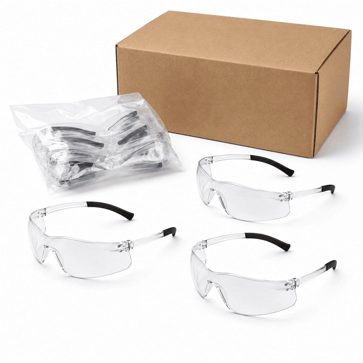 EYP108 style wraparound safety glasses prepared for bulk B2B supply and packaging