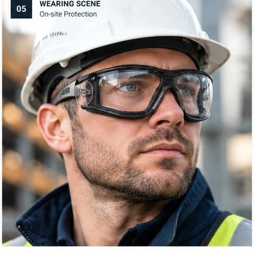 EYP117 Sealed Safety Glasses shown worn with industrial head protection