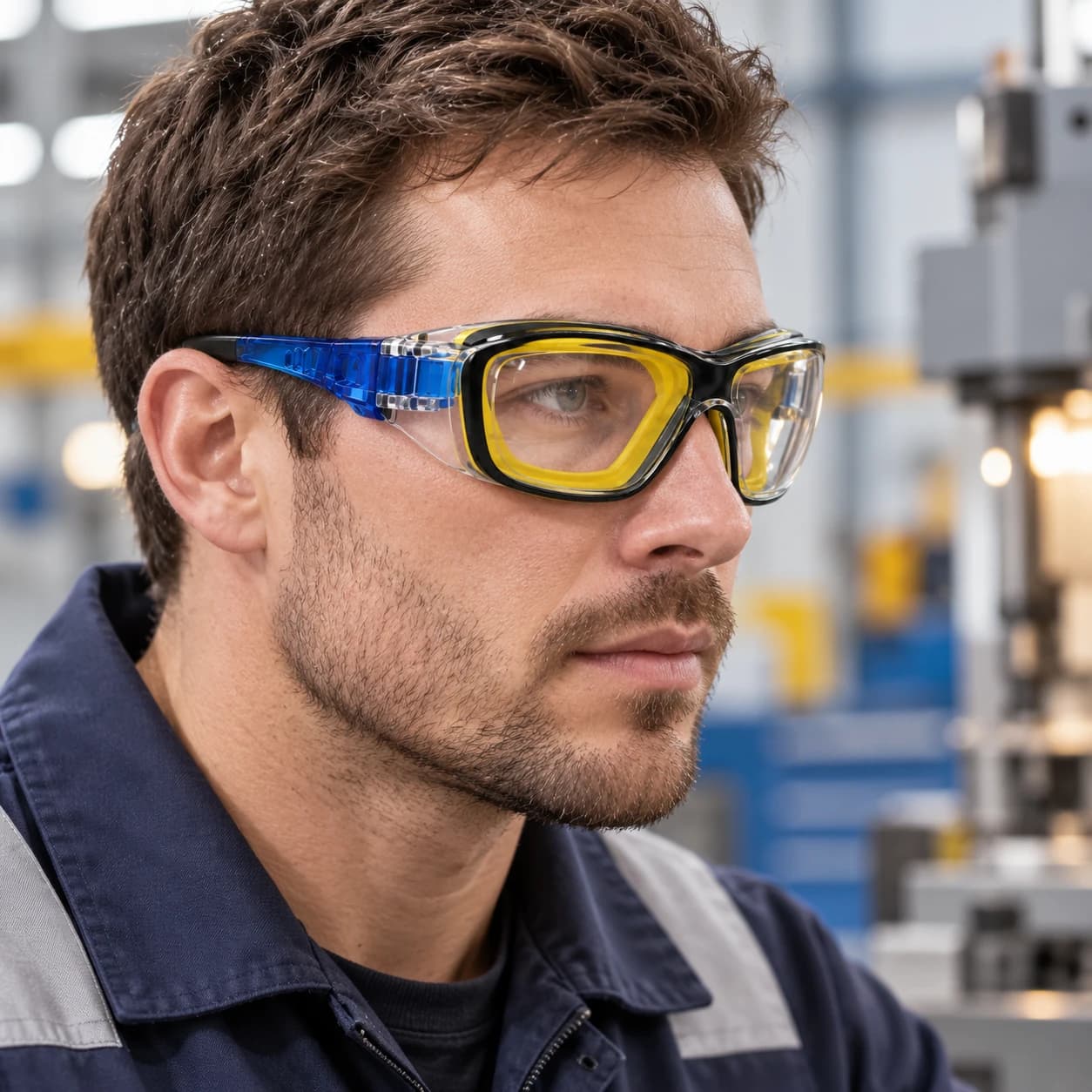 EYP120 Sealed Safety Glasses shown worn in an industrial setting