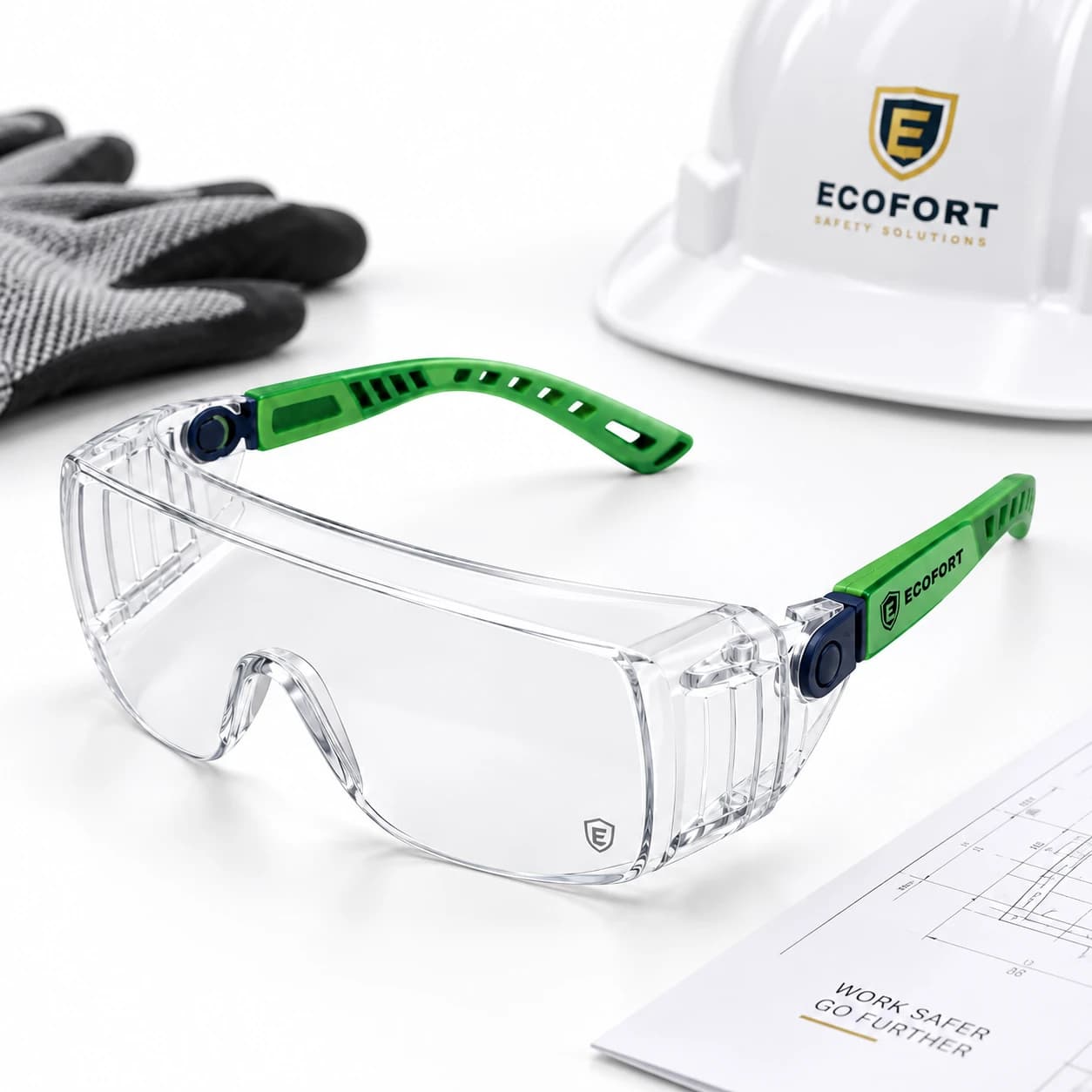 EYP127 Over-the-Glasses (OTG) Safety Glasses product display with protective equipment
