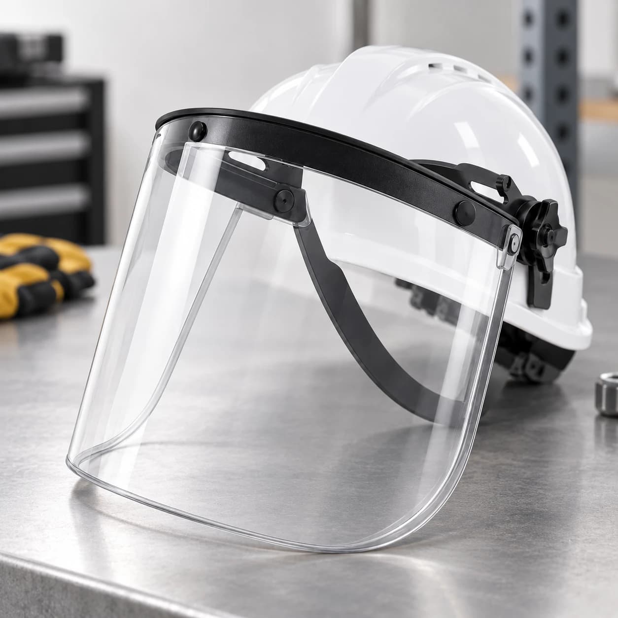 EYP403 Helmet-Mounted Face Shield product display with a safety helmet