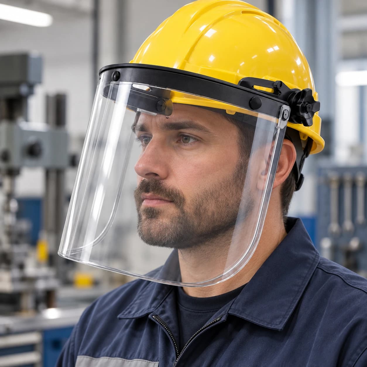 EYP403 Helmet-Mounted Face Shield shown worn in an industrial setting
