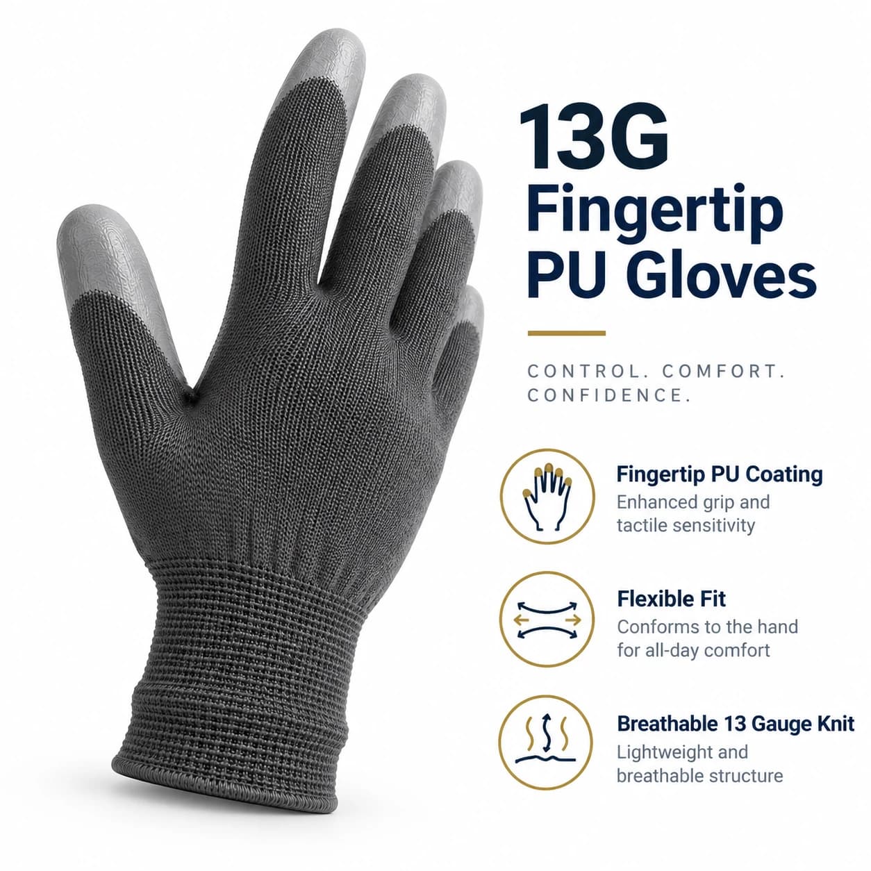 HDP1021 13G Fingertip PU Gloves fingertip PU coating feature presentation