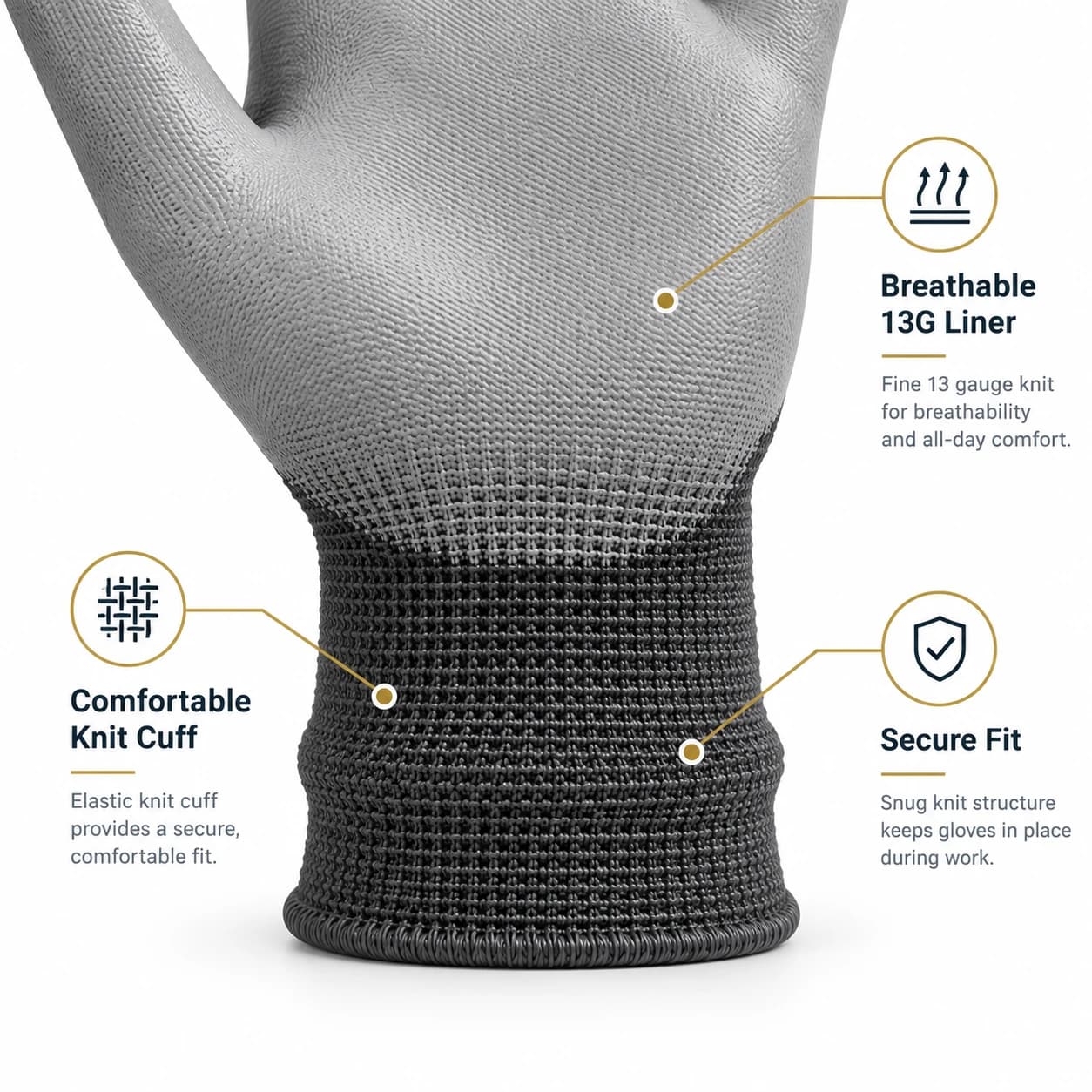 HDP1021 13G Fingertip PU Gloves breathable knit cuff detail