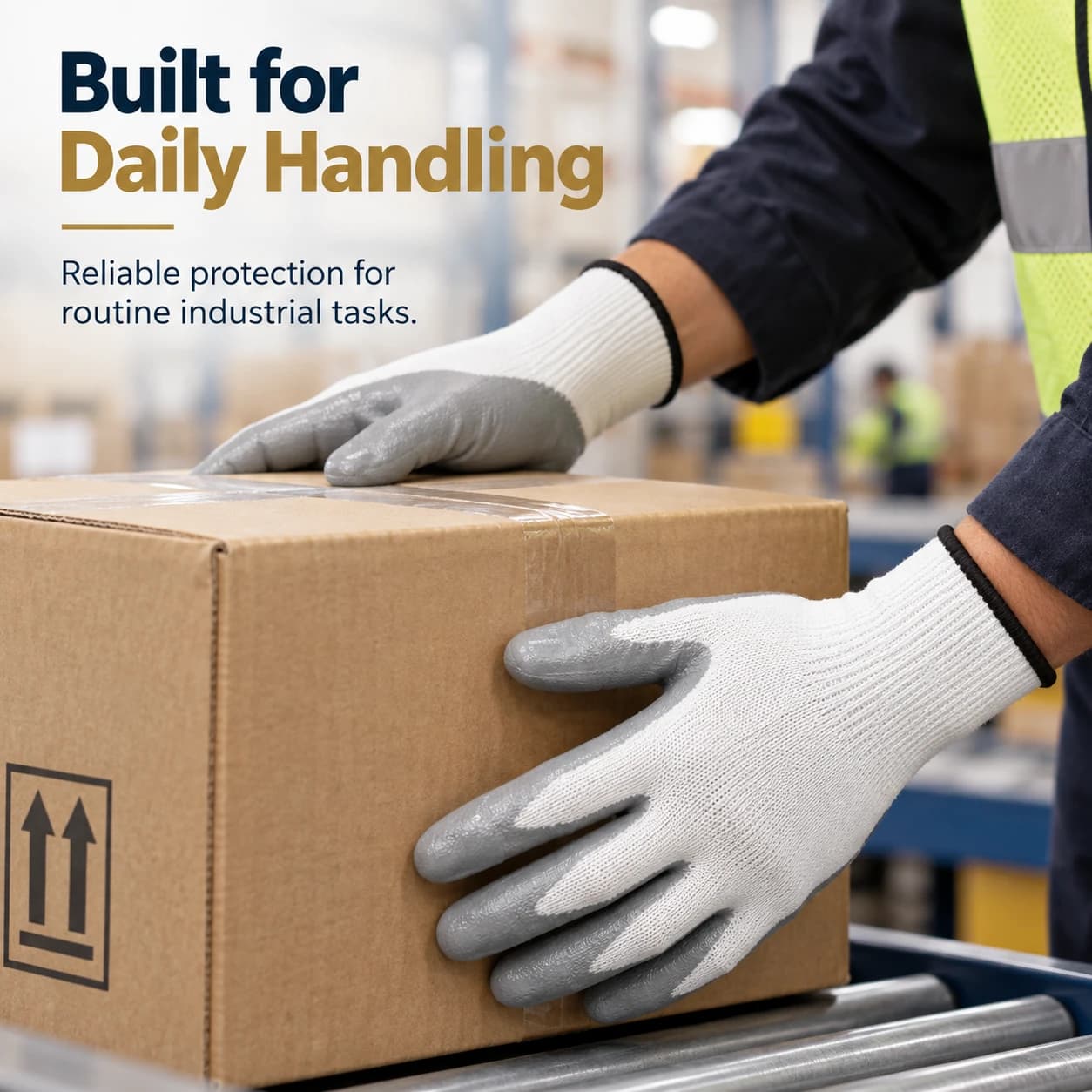 HDP1032G13 13G Nitrile Coating Gloves shown in a daily handling setting