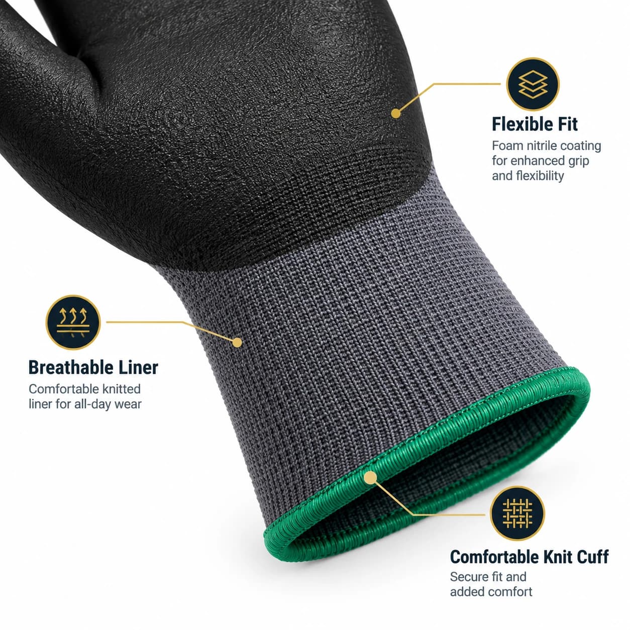HDP1032G15 15G Foam Nitrile Coating Gloves soft knit cuff detail
