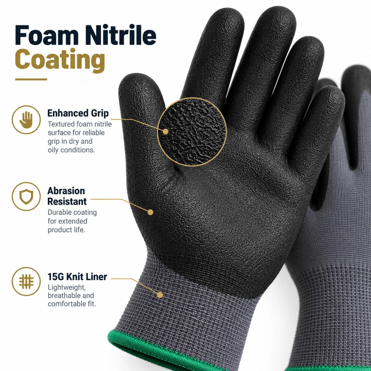 HDP1032G15 15G Foam Nitrile Coating Gloves product construction close-up