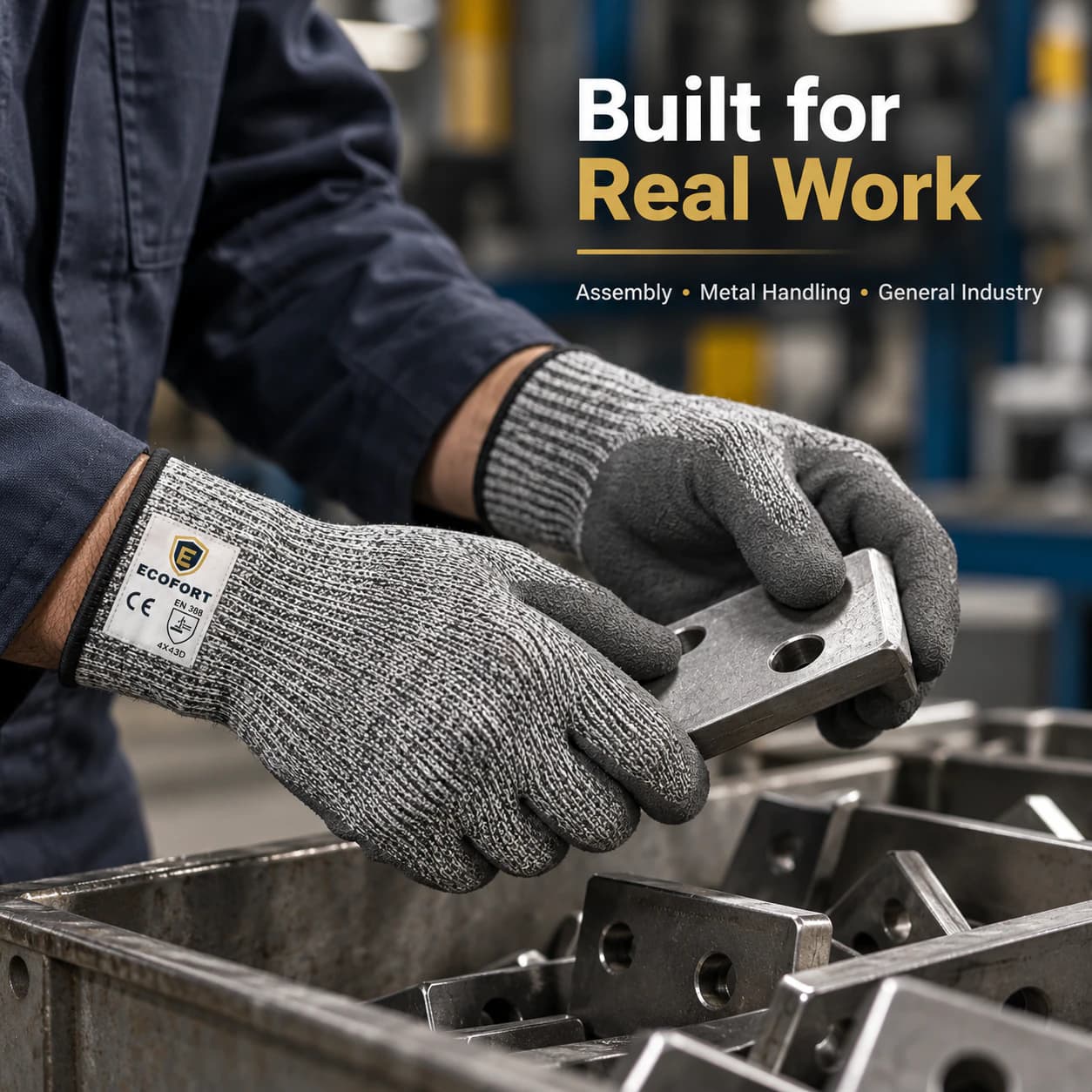 HDP2011 HPPE Cut-Resistant Gloves shown in a real industrial work setting