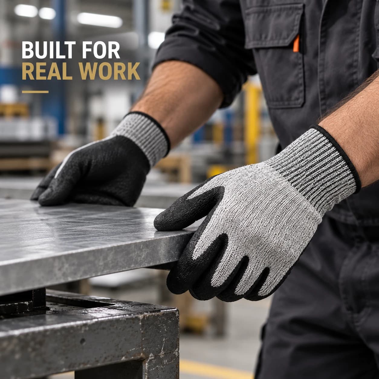 HDP2013 HPPE Cut Resistant Gloves shown in a real industrial work setting