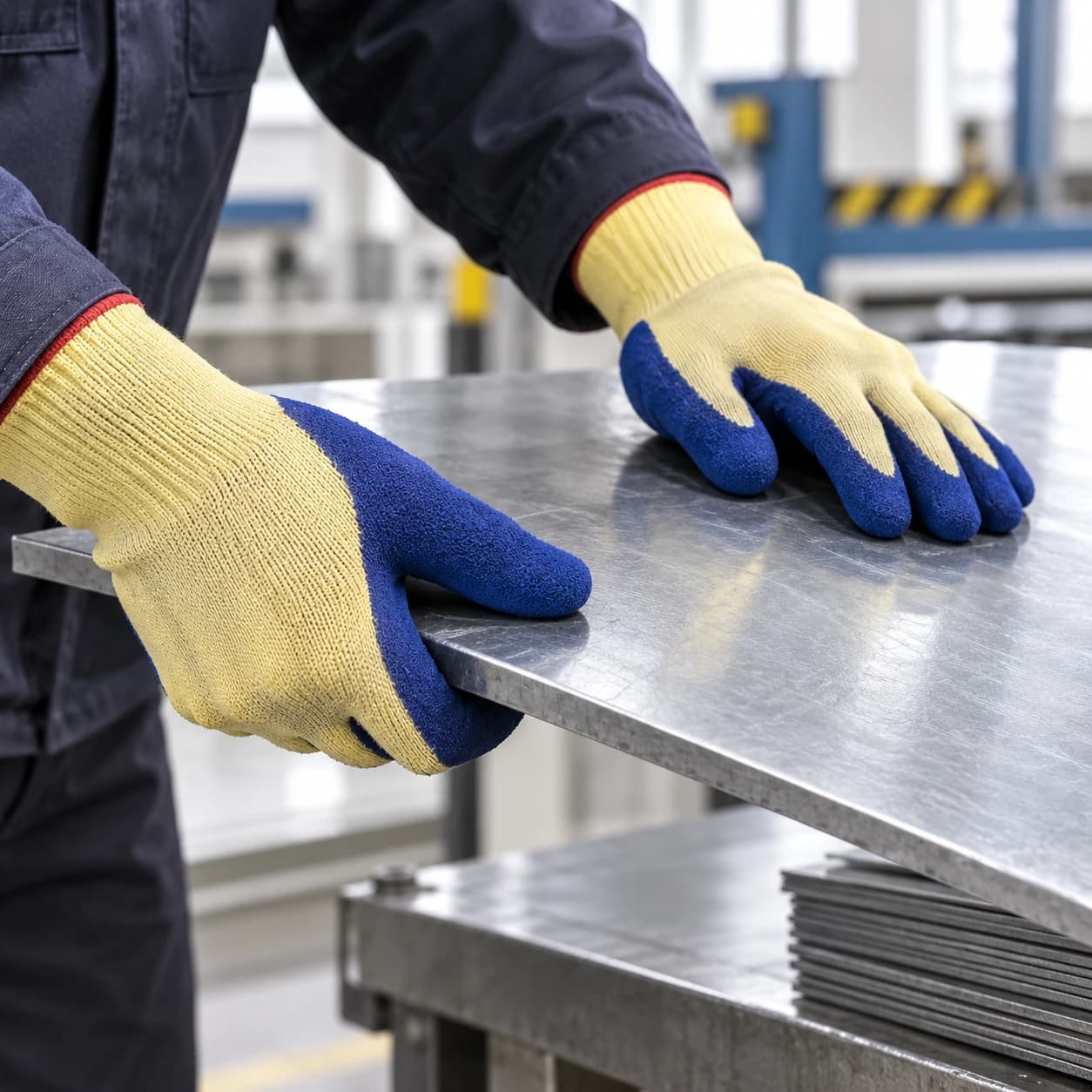 HDP2024 Aramid Cut Resistant Gloves shown handling metal in an industrial setting