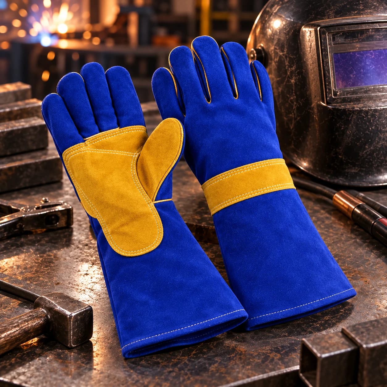 HDP303 Welding Gloves shown in a workbench setting