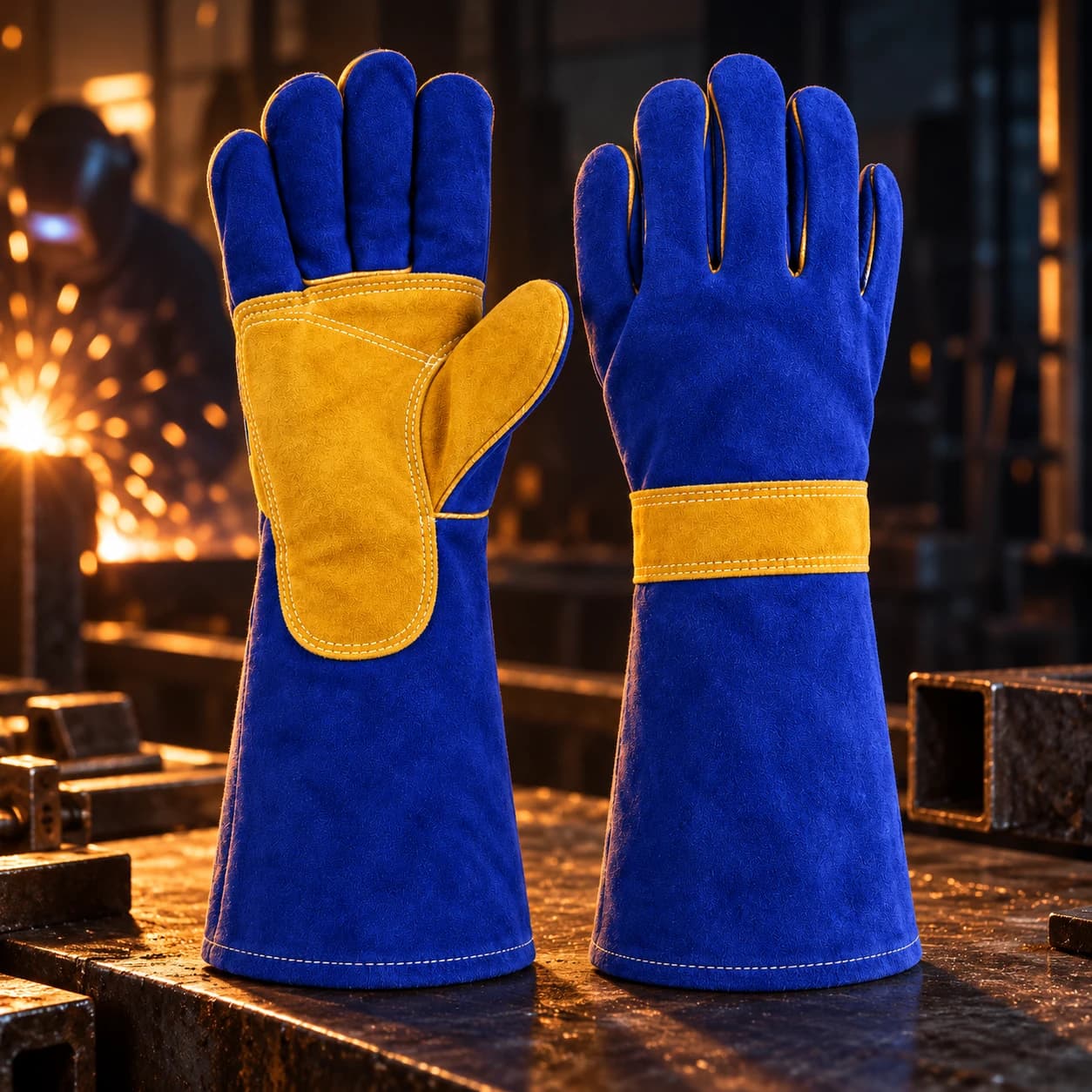 HDP303 Welding Gloves shown in an industrial forge setting