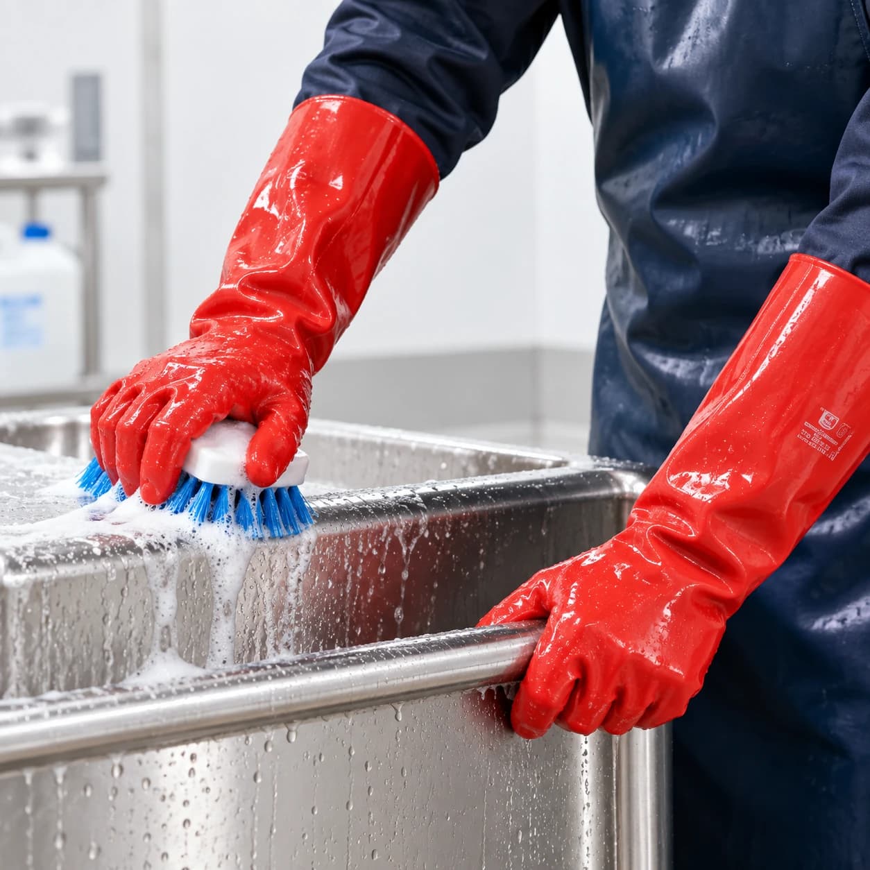 HDP403 Chemical Resistant Gloves shown in a wet cleaning application