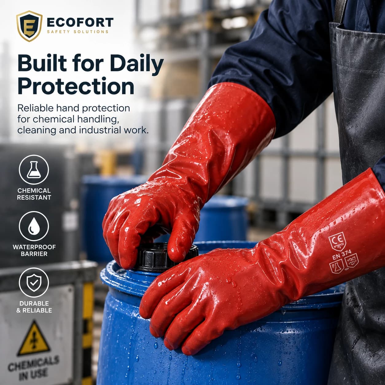 HDP403 Chemical Resistant Gloves shown in an industrial brand setting