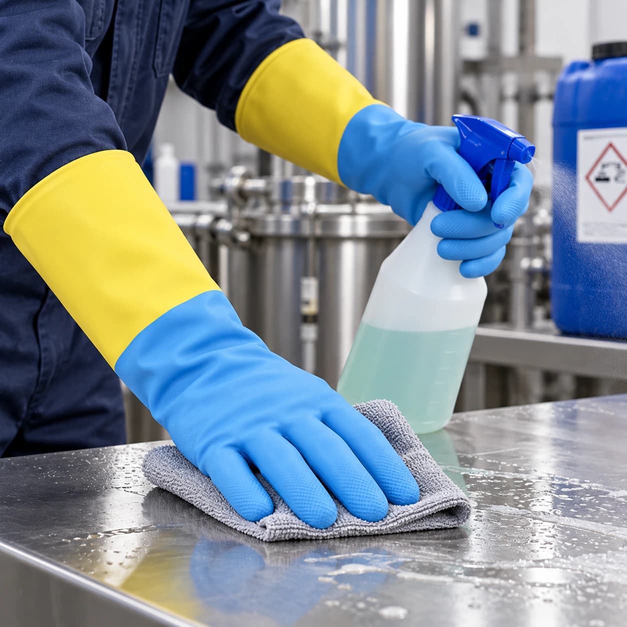 HDP405 Chemical Resistant Gloves shown in an equipment-cleaning application