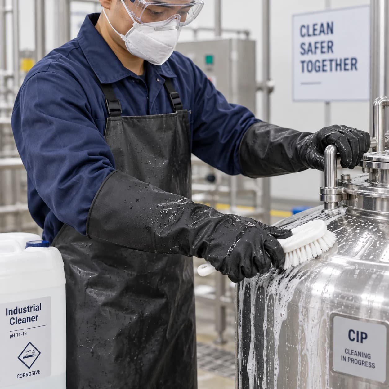 HDP406BLA Chemical Resistant Gloves shown in an industrial cleaning setting