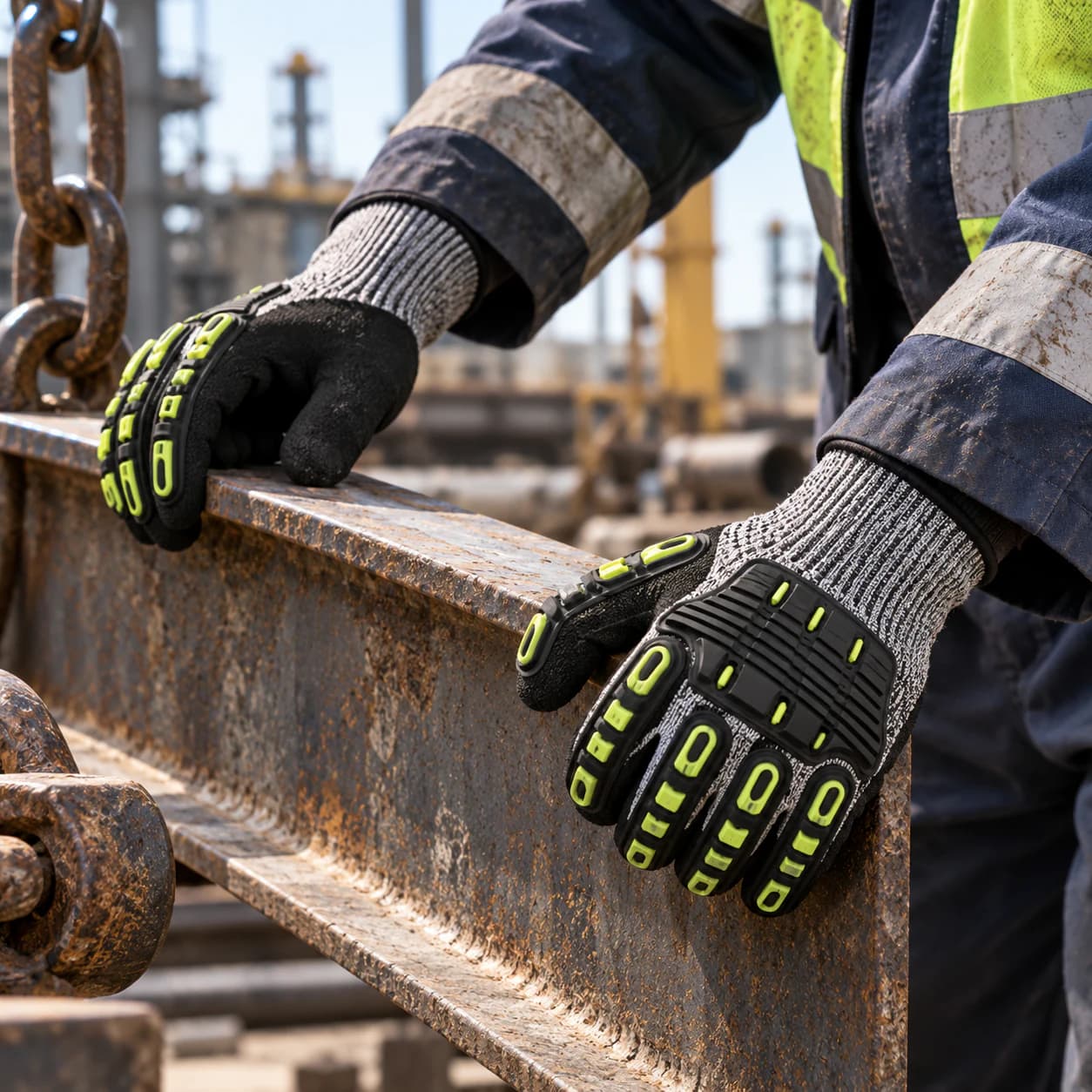 HDP501S2 Impact Gloves shown in a heavy material-handling setting
