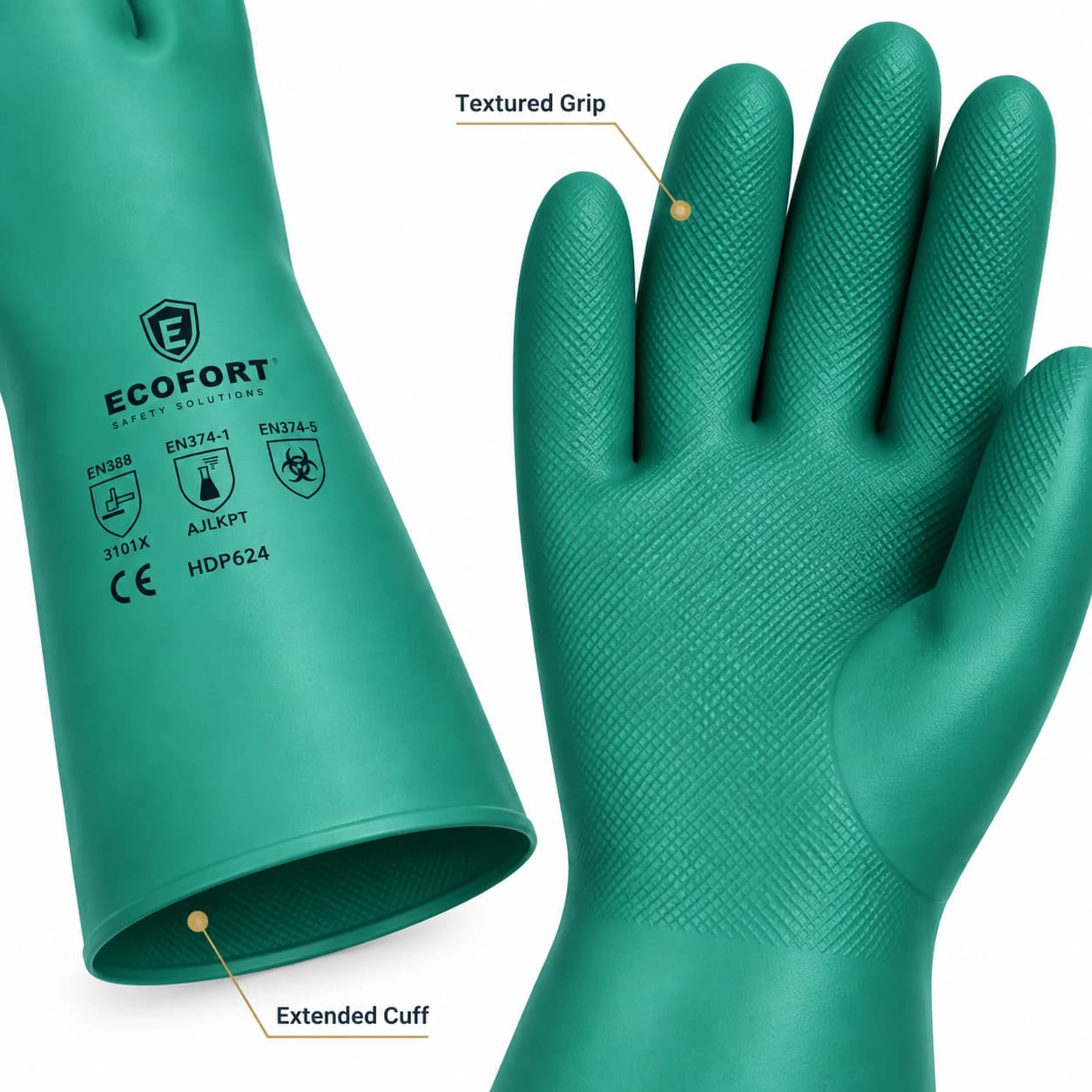 HDP624 Chemical Resistant Gloves textured grip and extended cuff detail
