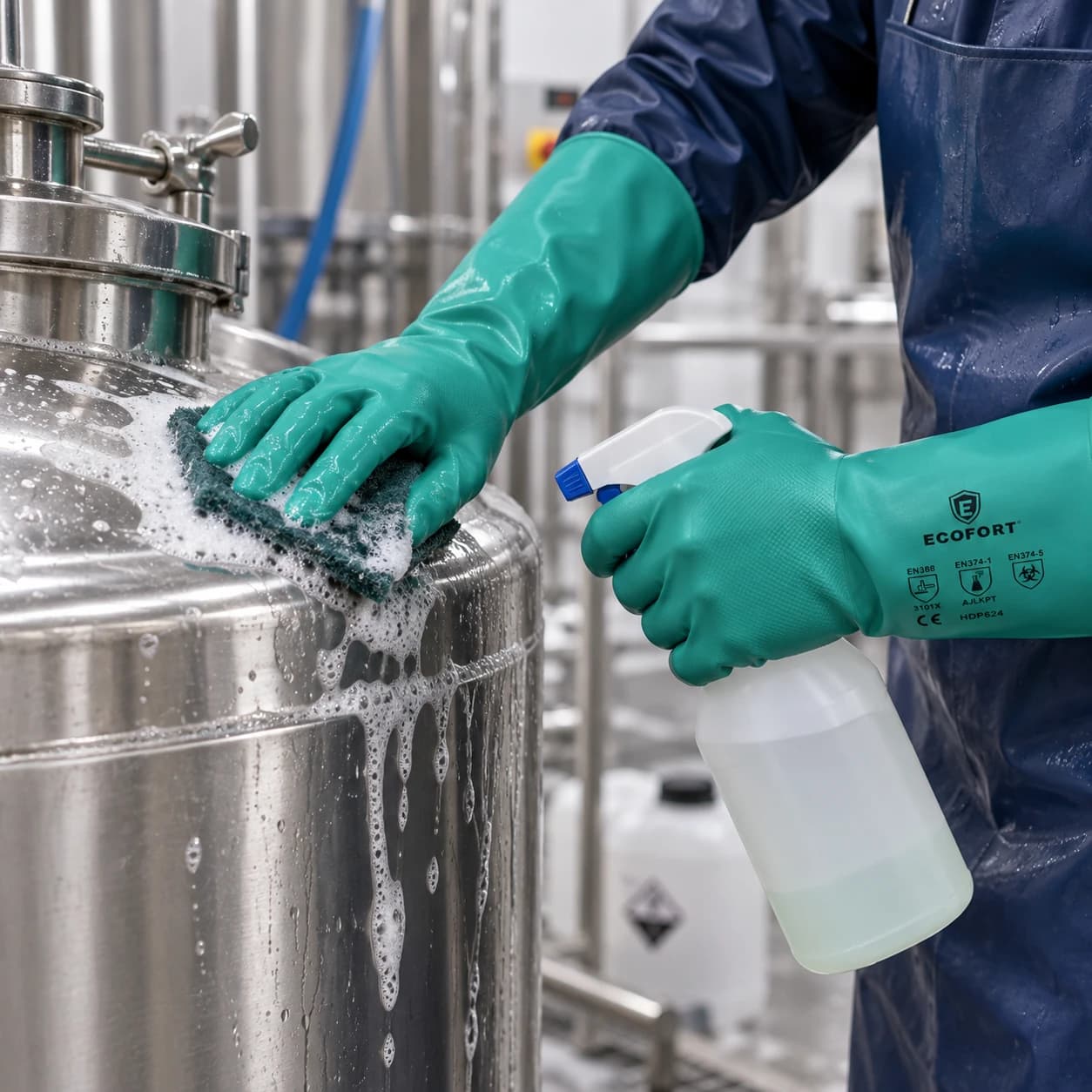 HDP624 Chemical Resistant Gloves shown in an industrial cleaning application