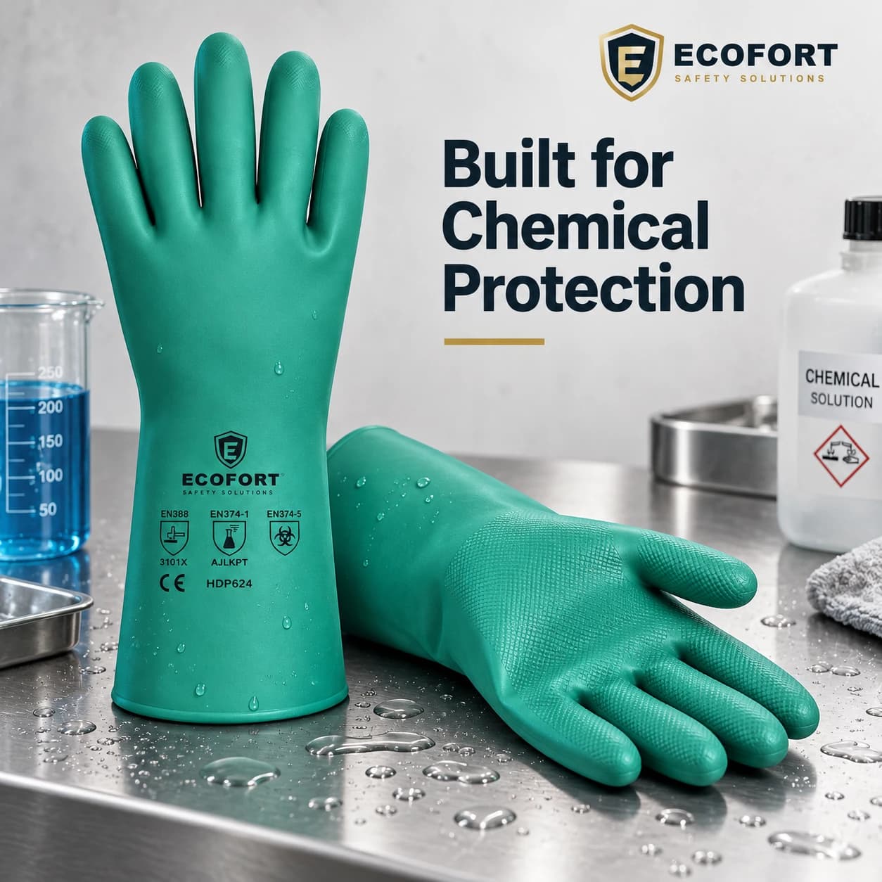 HDP624 Chemical Resistant Gloves shown in a chemical-protection brand setting