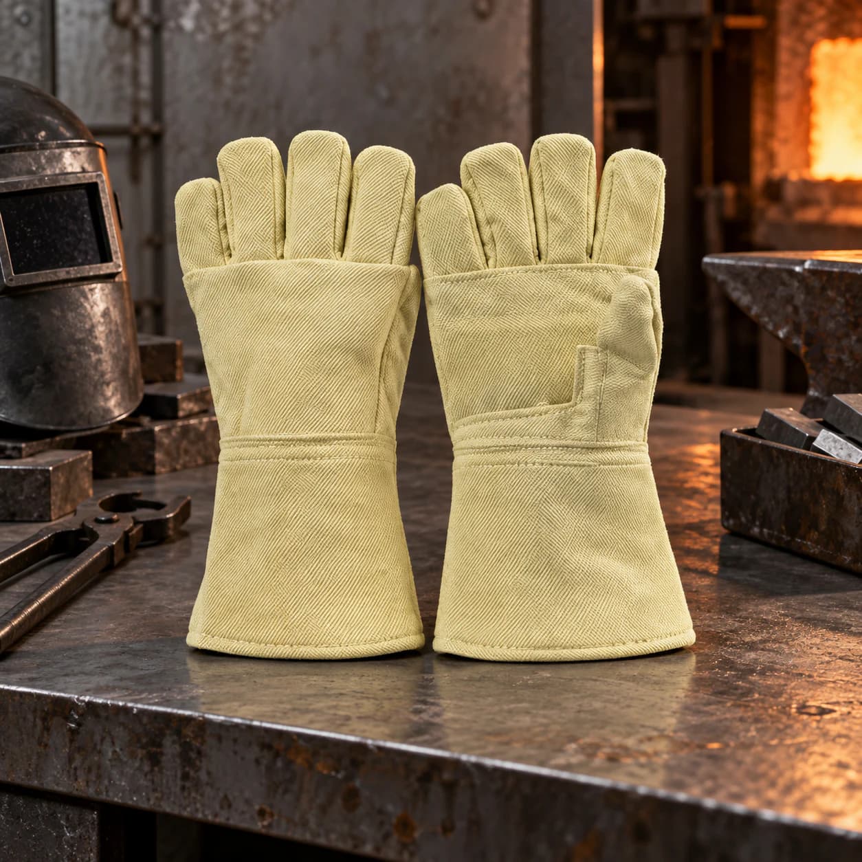 HDP711D500 Heat Resistance Gloves shown beside an industrial furnace