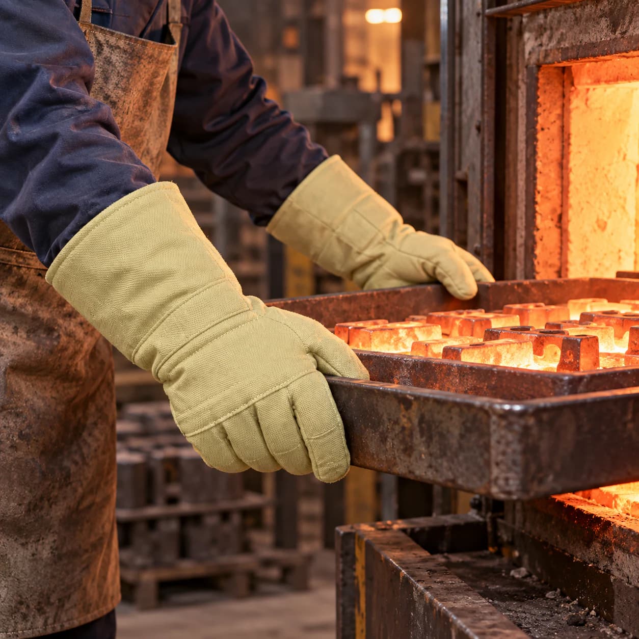 HDP711D500 Heat Resistance Gloves shown handling a hot casting