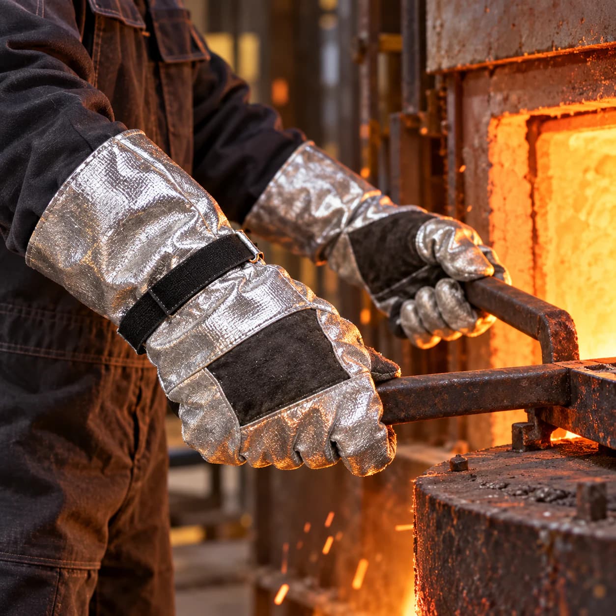 HDP712 Aluminum Heat Resistance Gloves shown beside a forging furnace