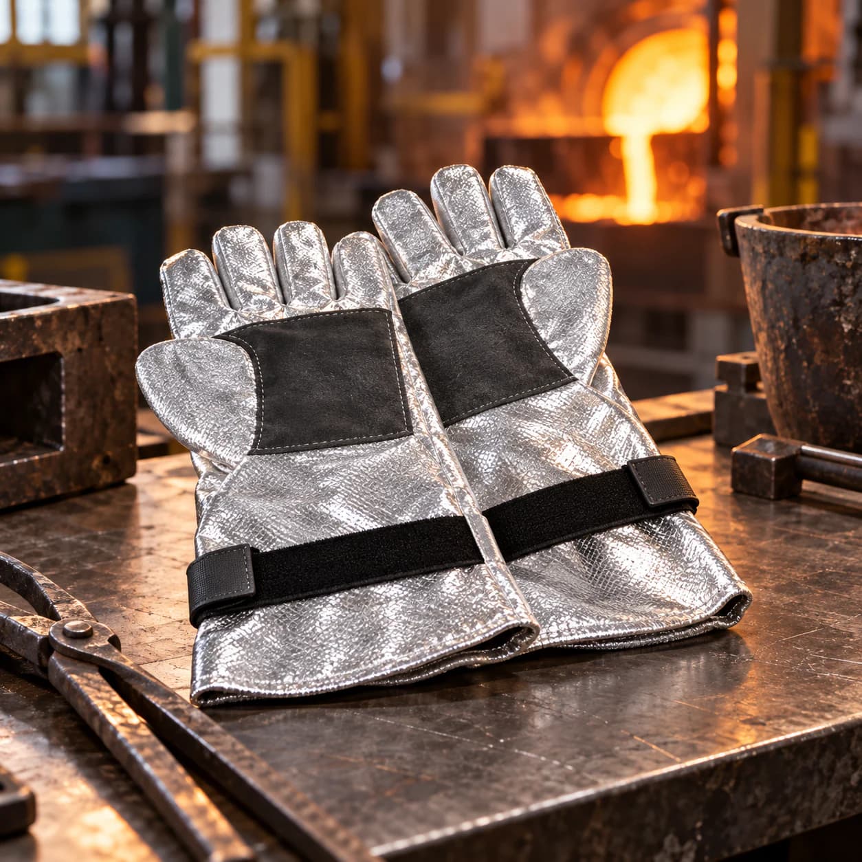 HDP712 Aluminum Heat Resistance Gloves shown in a high-heat industrial setting