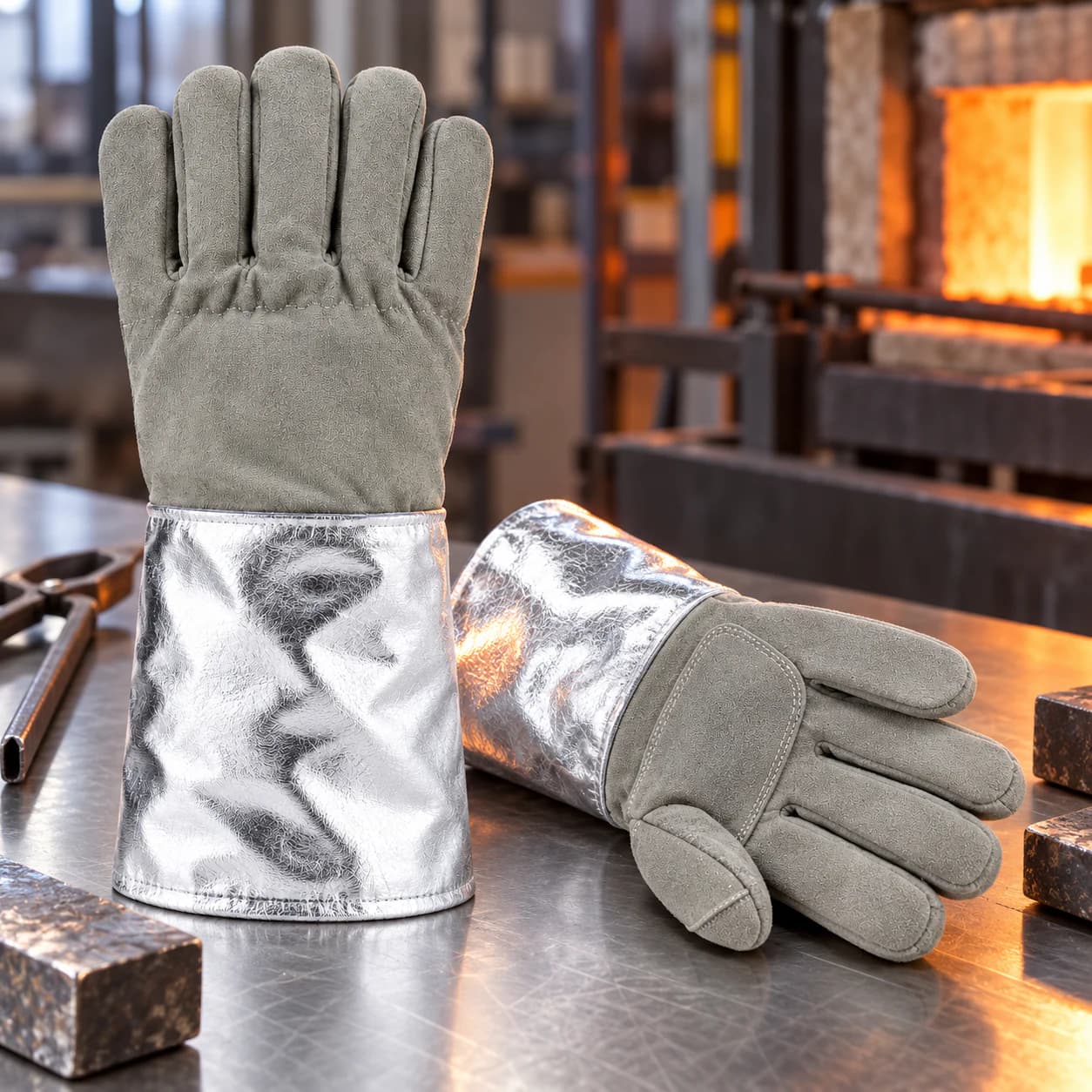 HDP713 Heat Resistance Gloves shown in a high-heat workshop