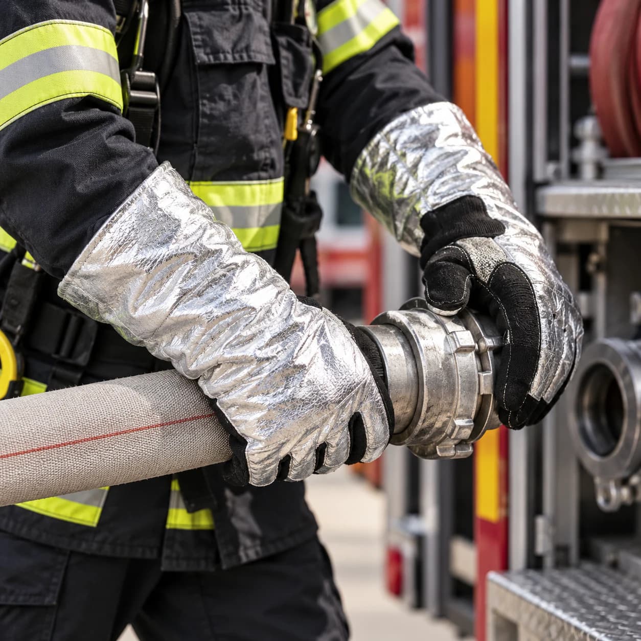 HDP801 Long Firefighting Gloves shown in a firefighting application
