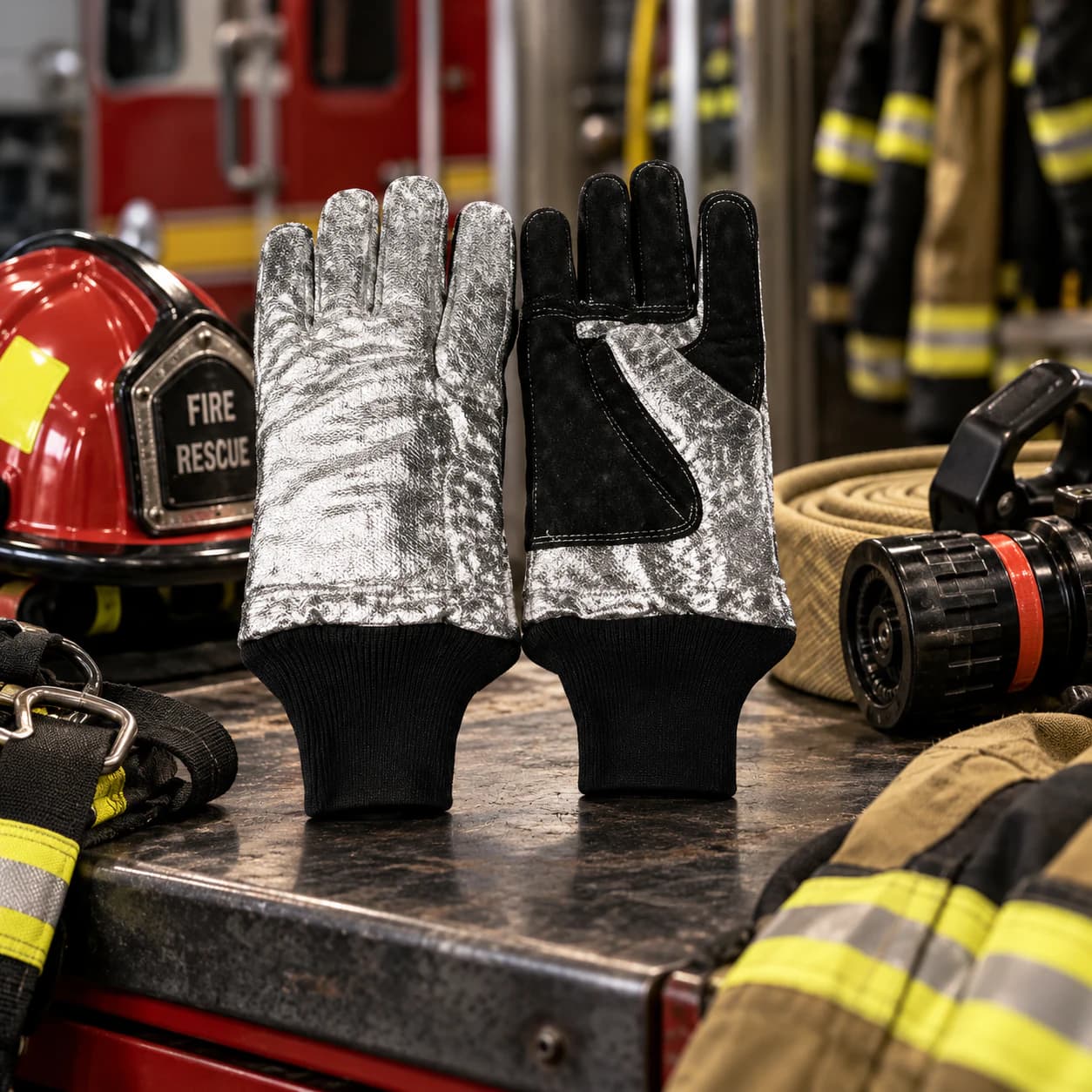 HDP801 Long Firefighting Gloves shown with rescue equipment