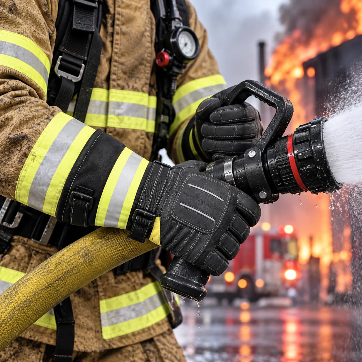 HDP802 Long Firefighting Gloves shown in a firefighting application