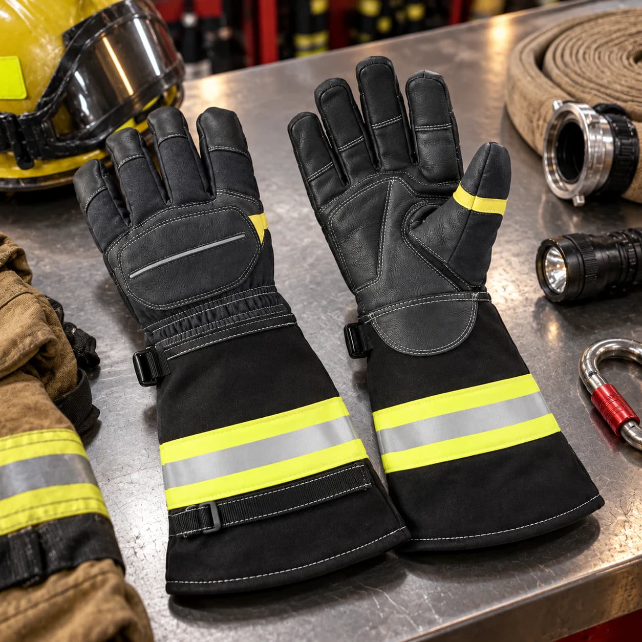 HDP802 Long Firefighting Gloves shown with firefighting equipment