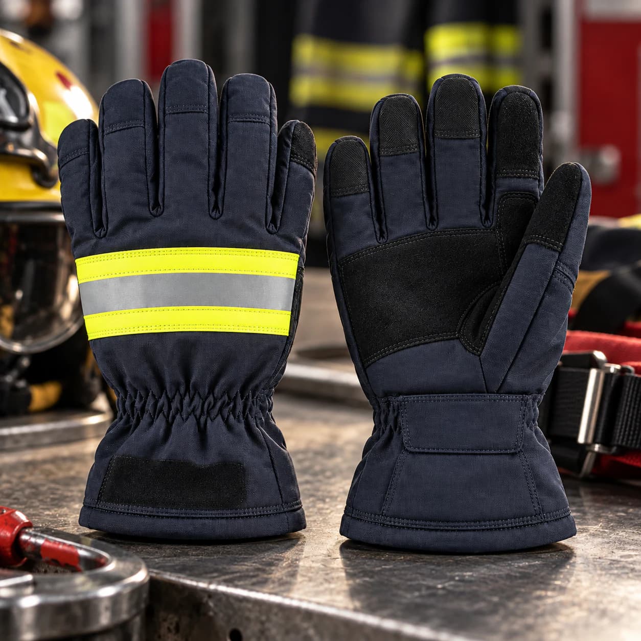 HDP803 Short Firefighting Gloves shown with rescue equipment